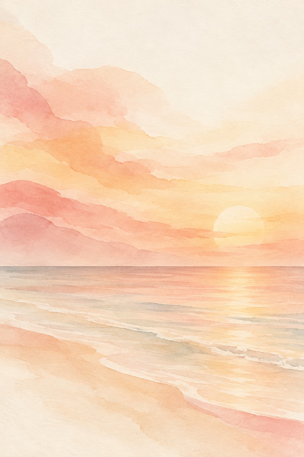 Abstract watercolor sunset over the sea in soft yellow, apricot, coral and pink
